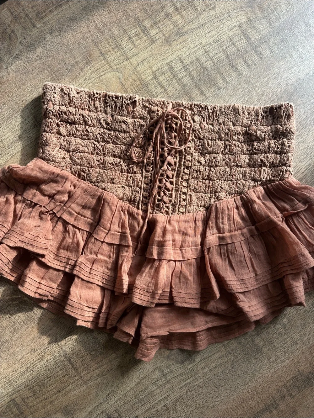 Free People Ruffled Smocked Mini Skirt - Rust Brown